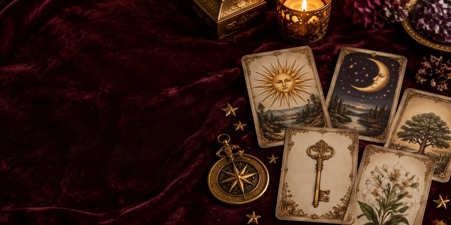 Cartas do Baralho Cigano sobre veludo vinho com detalhes dourados